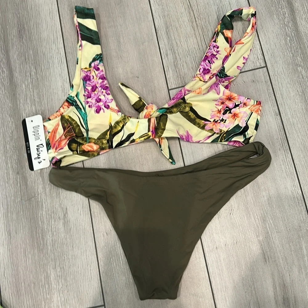 Dippin' Daisy's tropical print olive green 2 piece bikini swimsuit set size S